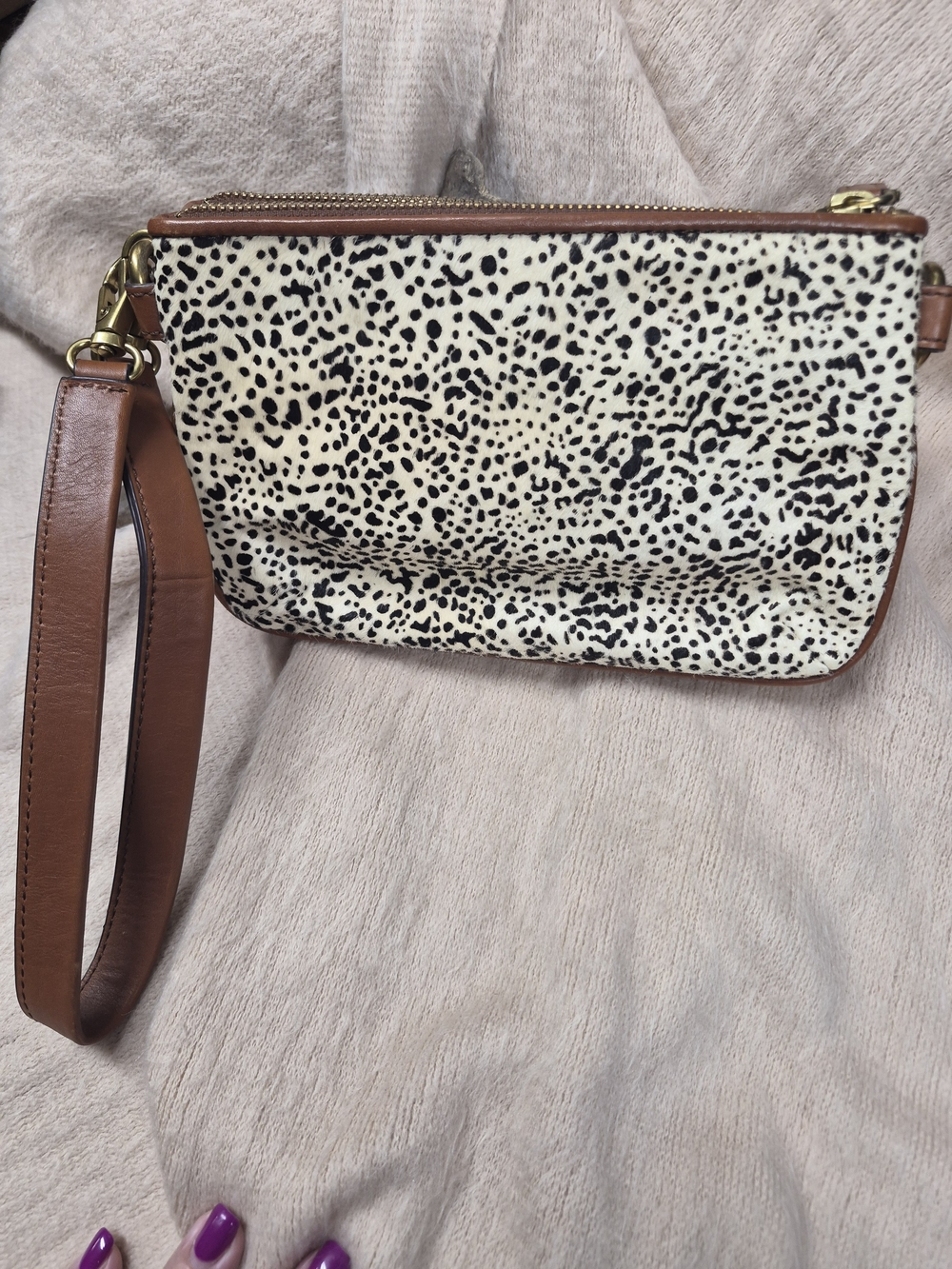 Fossil Black & Cream Dalmatian Print Leather-Trim Wristlet